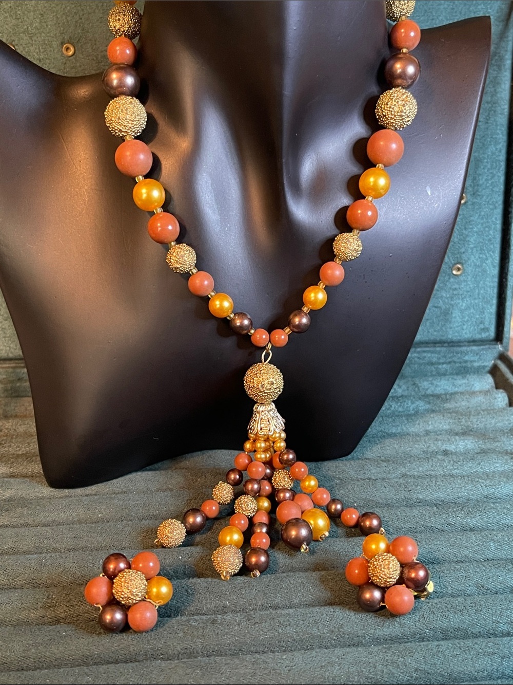 1960’s Japan Multi-Colored Beaded Tassel Necklace & Clip-On Earring Set